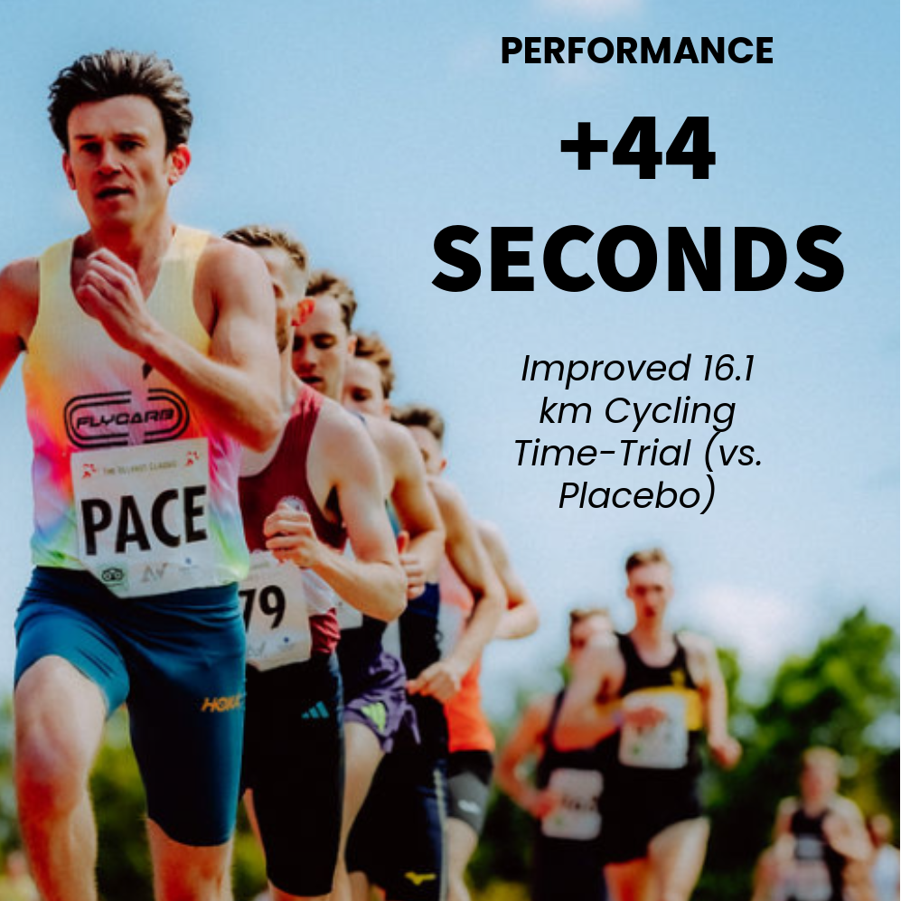 A group of runners racing outdoors under a blue sky, with large overlaid text reading 'PERFORMANCE +44 SECONDS' and smaller text about a 16.1 km cycling time-trial improvement.
